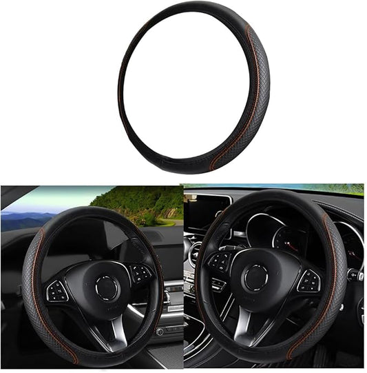 LoyaForba Leather Car Steering Wheel Cover, Elastic Breathable Anti-Slip Steering Wheel Protector, Car Interior Accessories for Men Women, Universal 15 Inch for Most Cars (Black/Orange)
