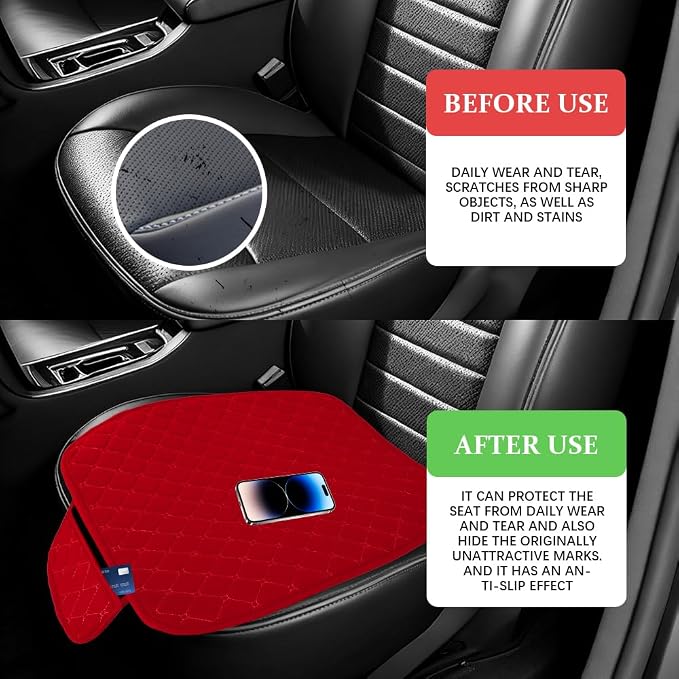 Leather Front Car Seat Cover, Anti-Slip Car Seat Bottom Covers, Full Wrapped Bottom Seat Protectors with Storage Pocket, Universal Comfortable Seat Cushion Fit Vehicles SUVs Trucks (K2-Red)