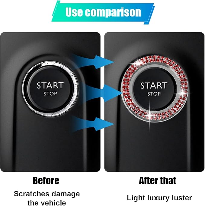 Car Bling Crystal Rhinestone Engine Start Decoration Ring, Ring Start Button Cover Sticker Key Ignition & Knob Ring Decoration, Bling Car Interior Accessories for Women (Red)