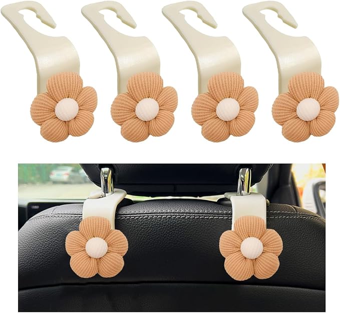 4 PCS Car Seat Headrest Hooks, Cute Flower Car Seat Back Organizer Bag Holder Hooks, Automotive Seat Hook Hanger Storage Organizer for Purse Cloth Grocery Bags, Car Accessories (Brown+White)