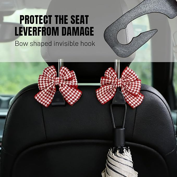 2PCS Car Seat Headrest Hooks, Car Purse Hook, Cute Bow Knot Vehicle Seatback Hanging Storage Organizer, Auto Seatback Decor Organizer Hanger for SUV Truck (Houndstooth/Red)