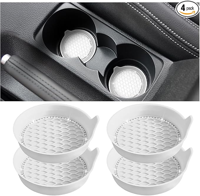 4PCS Bling Car Cup Holder Coaster, Crystal Rhinestone Insert Dustproof Non-Slip Drink Cup Mat, Diamond Shockproof Auto Interior Water Bottle Pad Cushion Coaster, Universal Fit (White)