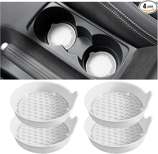 4PCS Bling Car Cup Holder Coaster, Crystal Rhinestone Insert Dustproof Non-Slip Drink Cup Mat, Diamond Shockproof Auto Interior Water Bottle Pad Cushion Coaster, Universal Fit (White)