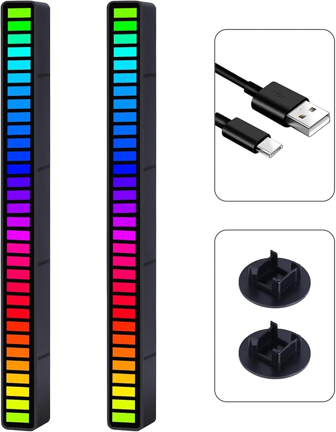 RGB Sound-Activated Music Rhythm Car Ambient Light, 2packs | Gaming or Party Atmosphere, Sound-Sensitive Pulsing, Rechargeable Battery, Soft RGB Lighting, Type-C Charging
