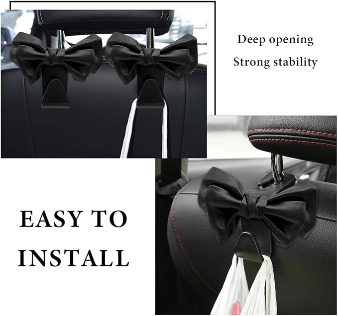 2 PCS Car Seat Headrest Hooks, Cute Bow Shaped Vehicle Backseat Purse Holder Storage Hook, Bow Knot Seat Back Hooks Hanging Organizer for Coat Umbrellas Grocery Bag (Black)