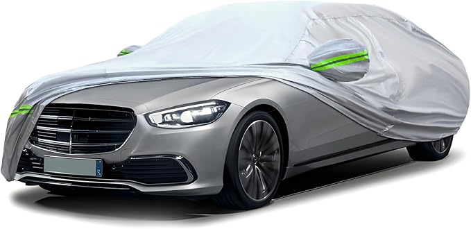 Sedan Car Cover, 6-Layer All-Weather Waterproof, Heavy Outdoor Car Cover, Universal in All Seasons, Snow Protection, Acid Rainproof, Sunscreen, Universally Fit to Sedan (206"-216")- Silvery