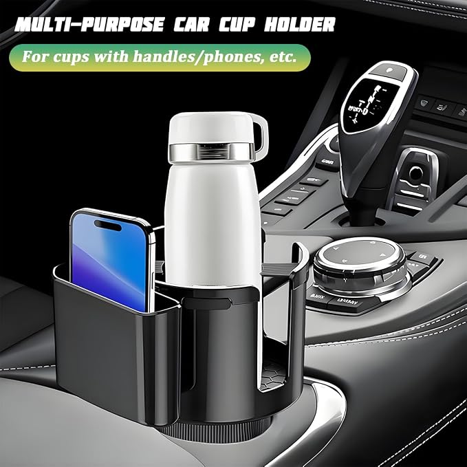 Car Cup Holder Expander, 2-in-1 Vehicle Water Bottles & Phone Holder with Adjustable Base, Versatile Automotive Interior Storage Accessories, Universal for SUV Truck Sedan