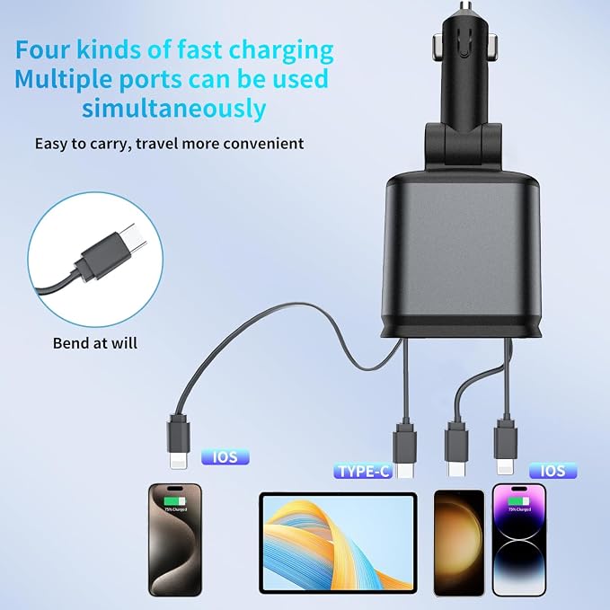 Starlight Retractable Car Charger, Car Phone Charger USB C Fast Charger | EloBeth Car Charger,Cigarette Lighter USB Charger Car Accessories,Road Trip Essentials Gift for Men,for iPhone 17/16,Galaxy