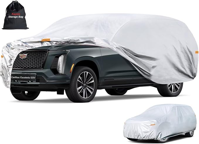 Kayme 6 Layers SUV Car Cover Custom Fit for Cadillac Escalade ESV (2002-2026), Waterproof All Weather for Automobiles,Rain Sun UV Protection.Silver