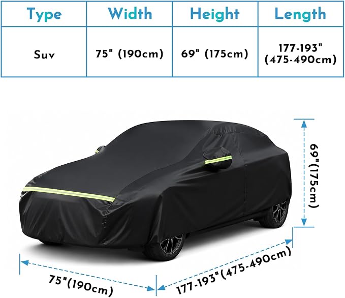 SUV Car Cover Waterproof Heavy Duty All Weather Protection Snow Anti-UV Windproof Outdoor Full Car Cover Fit for Automobiles Subaru/Kia/Tesla（Car Size:187~193''L x 75'W x 69''H）