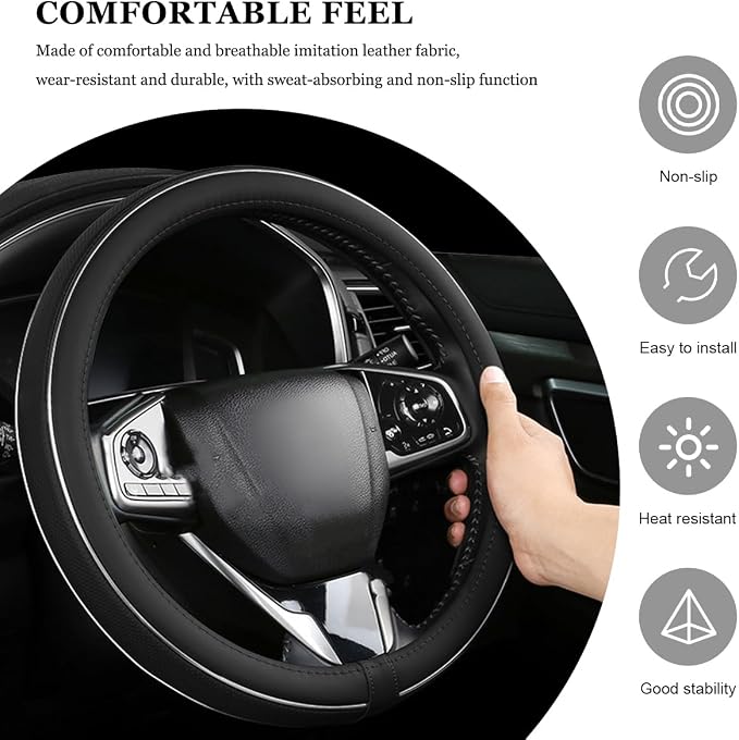 Car Steering Wheel Cover, Breathable Anti-Slip Auto Steering Wheel Protector with Fiber Strip, 15 Inch Soft Comfortable Wheel Wrap Vehicle Interior Decor for Women Men (Black)