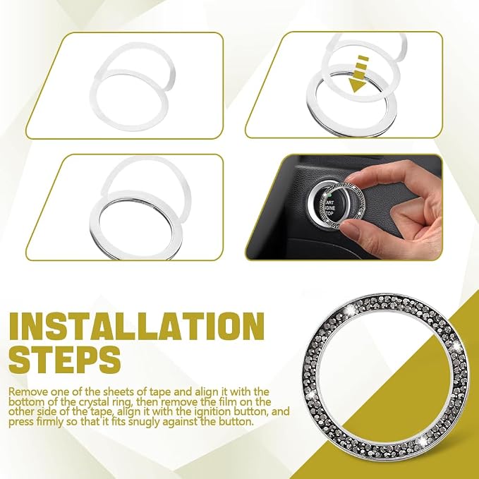 2PCS Car Bling Crystal Rhinestone Engine Start Ring Decals, Push to Start Button Cover, Key Ignition & Knob Bling Ring, Key Ignition Knob Bling Ring, Bling Car Accessories for Women