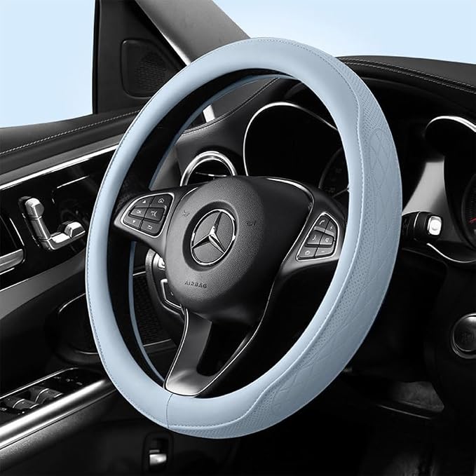 Universal Light Blue Steering Wheel Cover - Premium Perforated Leatherette & Odorless Rubber Inner Grip for Non-Slip Control and Cool Style, Easy Install for Most Cars