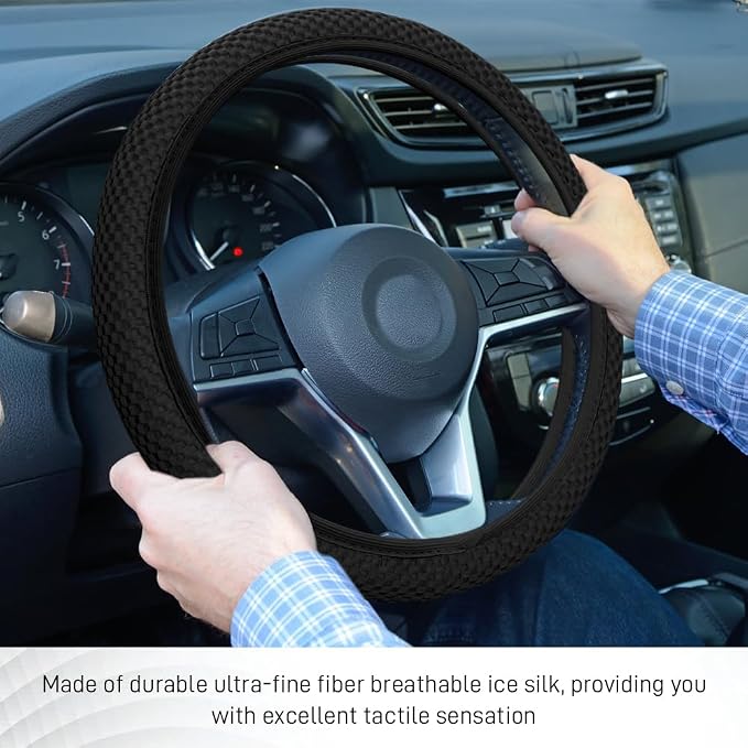 Elastic Stretch Steering Wheel Cover, Steering Wheel Protector, 15 Inch Anti-Slip Breathable Microfiber Ice Silk Protection, Easy Carry, Warm in Winter & Cool in Summer for Cars (Black)