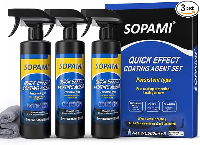 Sopami Car Coating Spray,Quick Effect Coating Agent,Quickly Coat Car Wax | Car Scratch Wax Polish Spray Waterless Wash,Oil Film Emulsion Glass Cleaner with towel (3 pcs)