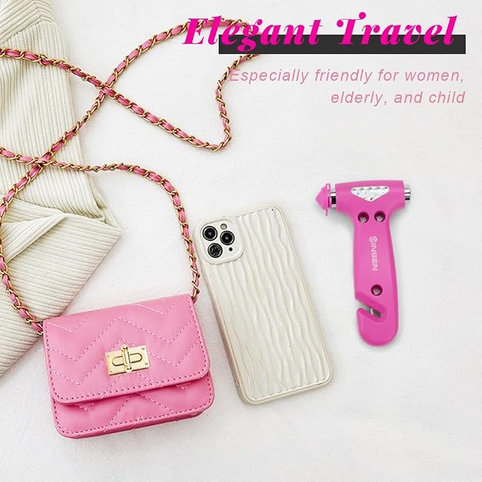 SINSEN Car Safety Hammer, Automotive Window Breaker and Seatbelt Cutter for Women, Roadside Emergency Kit, 3 in 1 Escape Tools, Road Trip Essential and Must Haves (2, Pink)