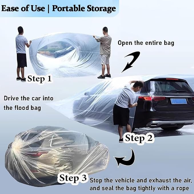 Universal Plastic Car Cover, Fully Enclosed Sealed Car Flood Cover, 13x23 ft Universal Plastic Car Cover, Reusable PE Material