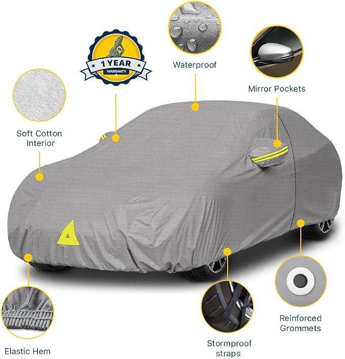 Seal Skin Covers Waterproof Car Cover for Sedan, All Weather UV Protection, Windproof Straps, Dustproof, Soft Cotton Lining, Outdoor Automobile Cover with Mirror Pockets(194"-208" L X 59" H)