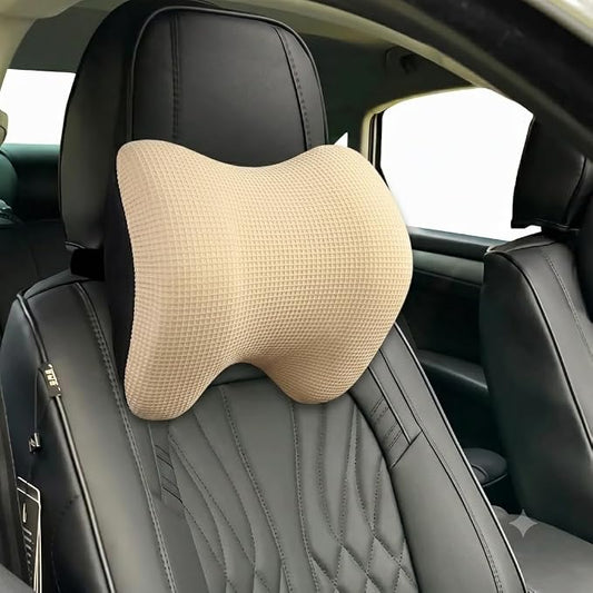 Make Restful Car Headrest Pillow, Car Pillow with Adjustable Strap, Beige | Breathable Removable Cover & Ergonomic Neck Support Cushion, Memory Foam Car Neck Pillow for Driving Fits Most Types of Seats