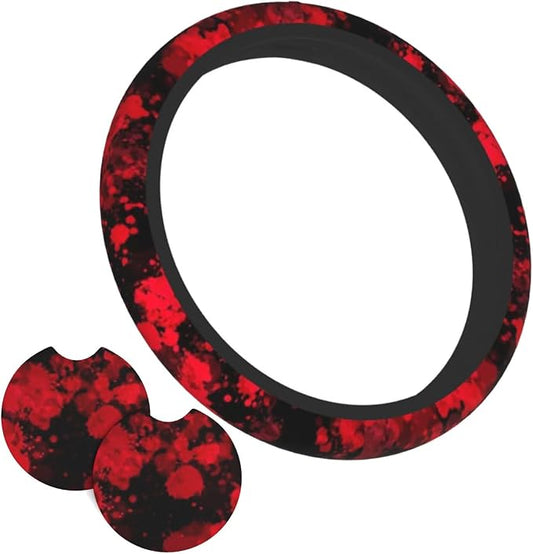 Red Blood Steering Wheel Cover - Classic Horror Blood Splatter Steering Wheel Cover Anti-Slip Breathable for 15 in Universal 2 Pcs Car Interior Cup Holder Pad for Men Women