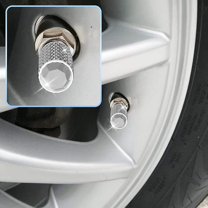 4Pcs Car Tire Valve Stem Caps, Bling Tire Air Cap for Car, Universal Stem Covers, Anodized Aluminum Tires Valve Cap with O Rubber Ring, Crystal Diamond Car Accessories for Women