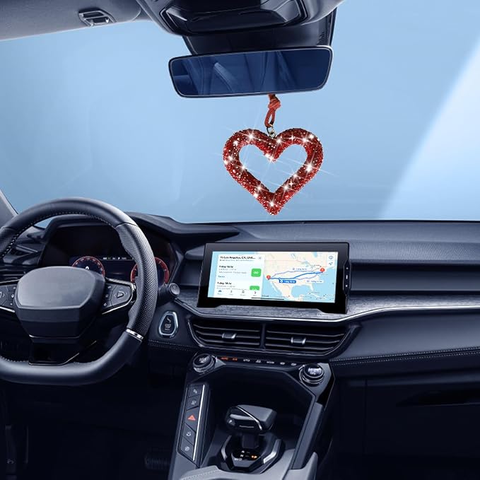 Mandark Bling Heart Car Hanging Accessories, Crystal Rhinestone Vehicle Rear View Mirror Charm Pendant Ornaments, Cute Diamond Auto Interior Hanger Decoration for Women Girls（Wine Red）