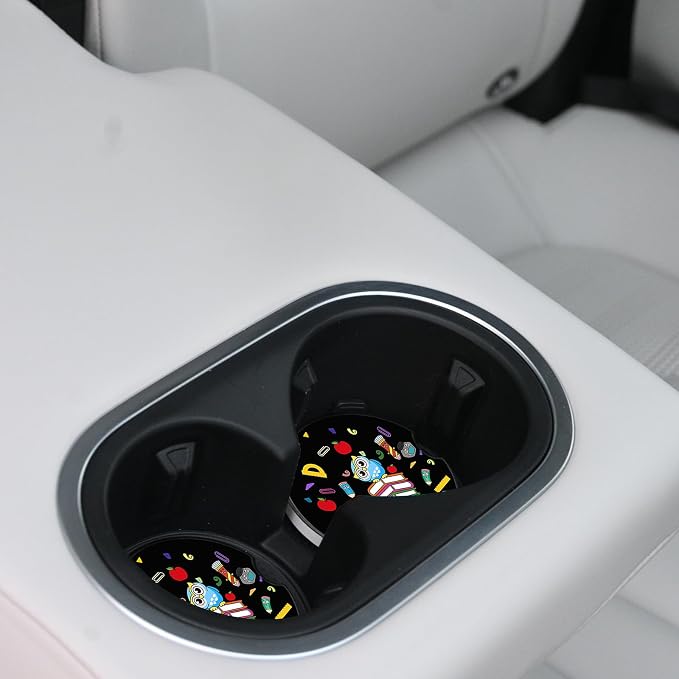 2 Pack Ceramic Cup Holders,Owl and Pencil Pattern Car Coasters Set for Women/Men,2.56" Ceramic Stone & Cork Base Drink Coasters.