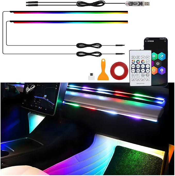 Car Interior Ambient LED Light with APP & Remote Control, 43.3" 2-in-1 Music Sync Fiber Optic USB Powered Acrylic LED Lamp Strip, Flexible RGB Auto Inside Neon Light, Universal Fit