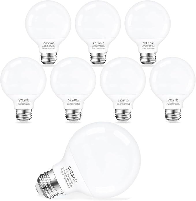 Cotanic Bathroom Round Light Bulb, E26 Standard Base, 5W, 60 Watt Equivalent Incandescent Replacement, 500LM, Non-Dimmable, 8 Pack G25 LED Vanity Light Bulb 3000K Soft White