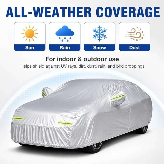 GXARTS 5-Layer Heavy Duty Car Cover for Sedans (185"L x 74"W x 60"H) | Waterproof Vinyl Outer,All-Weather Outdoor Indoor | Windproof Straps, Mirror Pockets, Door Zipper | UV Snow Rain Dust Protection