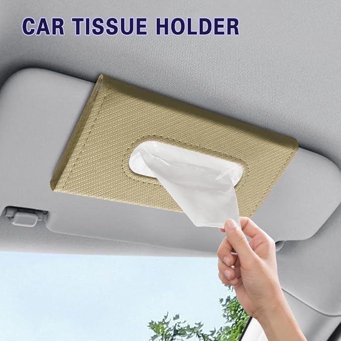 Car Visor Tissue Holder, Tissue Box Holder for Car, Leather Auto Sun Visor Napkin Case Mask Dispenser, Automotive Accessories Rectangular Hanging Auto Napkin Box Fit for Most Vehicles (Beige)