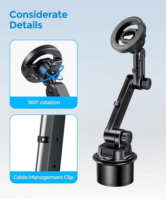 MagSafe Cup Holder Phone Mount, Adjustable Arm for iPhone 12-17 | MagSafe Cup Holder Phone Mount, 360° Adjustable Arm, Modular, No Dashboard Damage, Fits Cars, SUVs & Trucks, iPhone 12-17