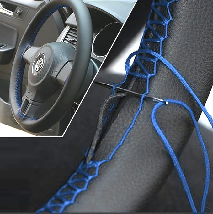 AUTOXBERT 38cm/15 Inch Leather Steering Wheel Cover Stitch On Wrap, Blue | Breathable, Anti-Slip Steering Wheel Cover for Nissan Qashqai Toyota Camry RAV4 VW Golf