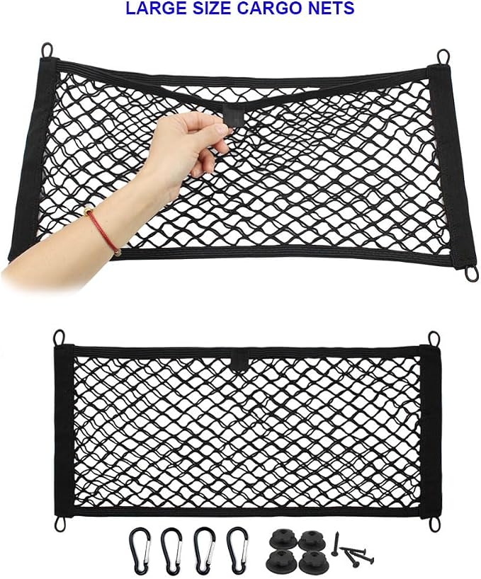 [2 Pack] JAVOedge Large Cargo Net for Car, SUV, Truck, RV, Boat – Elastic Storage Mesh Organizer with Built‑in Hooks, 8 Screws & 8 Carabiners – Heavy‑Duty Trunk Cargo Net & Vehicle Storage Bag