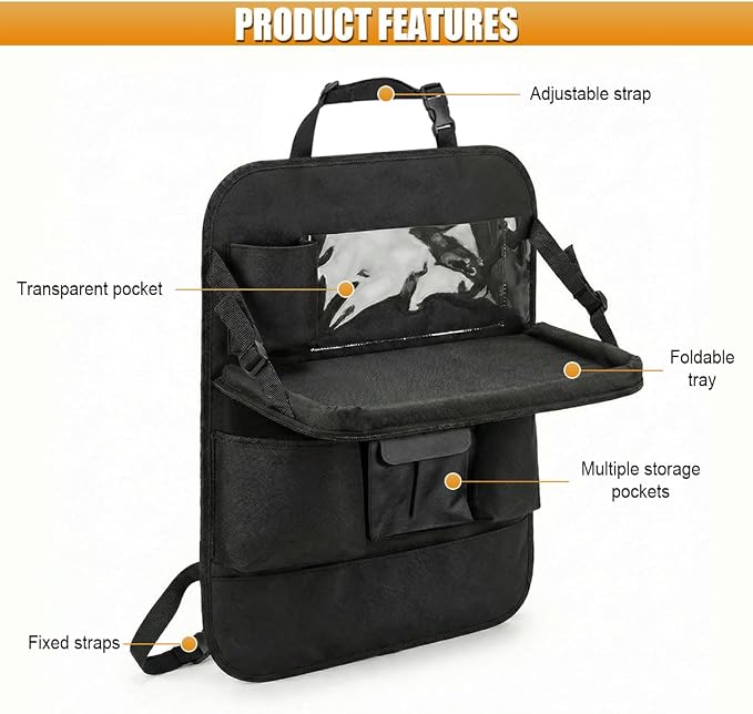 Car Backseat Organizer with Foldable Table Tray, Oxford Cloth Car Seat Back Kick Mat Protector, Multifunctional Auto Interior Hanging Storage Pocket for Cars, SUVs(With)