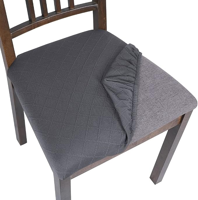 SearchI Seat Covers for Dining Room Chairs Stretch Jacquard Chair Seat Covers Set of 4, Removable Washable Upholstered Chair Seat Protector Cushion Slipcovers for Kitchen, Office(Grey Rhombus)