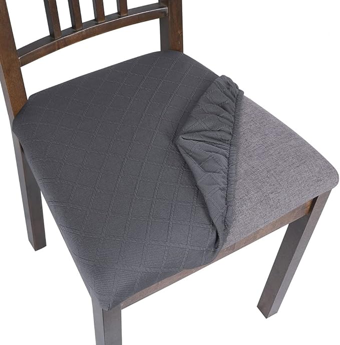 SearchI Seat Covers for Dining Room Chairs Stretch Jacquard Chair Seat Covers Set of 6, Removable Washable Upholstered Chair Seat Protector Cushion Slipcovers for Kitchen, Office(Grey Rhombus)