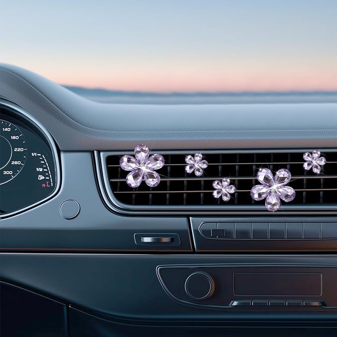 Zpana Bling Daisy Flower Car Air Vent Clips, 5PCS Sparkling Crystal Rhinestone Cute Vehicle Air Conditioning Clamp, Diamond Auto Air Outlet Clip Decor for Women Girls, Universal Fit (Purple)