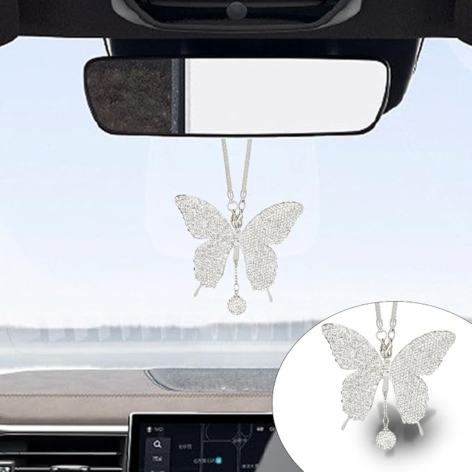 JOYCOURT Bling Butterfly Diamond Car Hanging Accessories for Women, White | Crystal Butterfly Rear View Mirror Luck Car Decoration Accessories, Valentine's Day Presents Ornament Pendant for All Cars