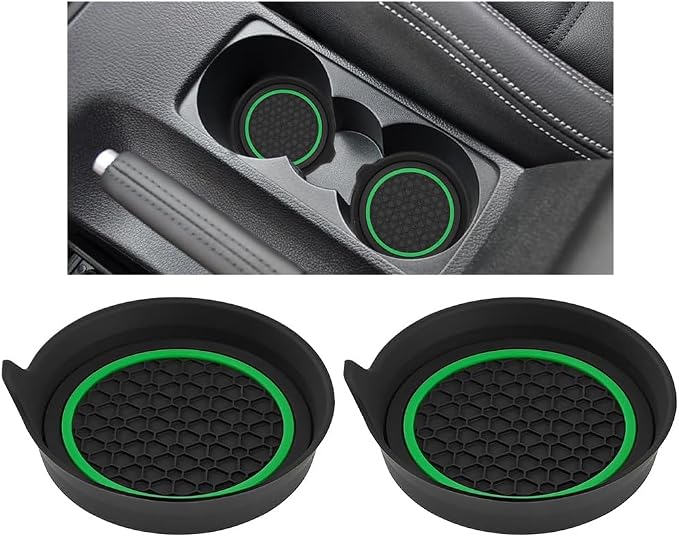HZEL Car Cup Holder Coasters, 2PCS Non Slip Waterproof Vehicle Water Bottle Pads, Recessed Automotive Drink Mat Decoration Accessories, Universal Fit (Green/Black)