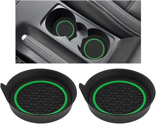 HZEL Car Cup Holder Coasters, 2PCS Non Slip Waterproof Vehicle Water Bottle Pads, Recessed Automotive Drink Mat Decoration Accessories, Universal Fit (Green/Black)