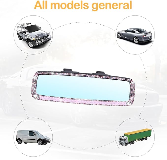 Osilly Bling Car Rearview Mirror, Decorations Rear View Mirror with Crystal Rhinestones & Diamonds, Car Interior Trim Accessories, Clip-on & HD Glass, Sparkly Gift (Pink)