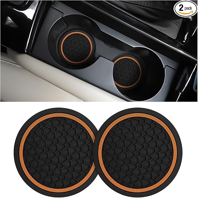 Mandark 2PCS Car Cup Holder Coasters, 2.75 Inch Non-Slip Insert Water Bottle Holder Pads, Dustproof Automotive Interior Accessories Mat, Universal for Vehicles, Trucks, RVs and More(Black/Orange)