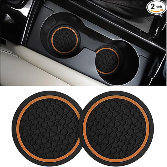 Mandark 2PCS Car Cup Holder Coasters, 2.75 Inch Non-Slip Insert Water Bottle Holder Pads, Dustproof Automotive Interior Accessories Mat, Universal for Vehicles, Trucks, RVs and More(Black/Orange)