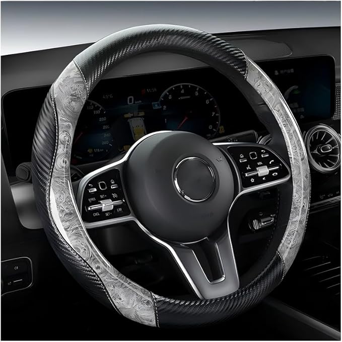 Wood Grain Steering Wheel Cover with Coasters Universal 14.5-15 inch | Black Gray Carbon Car Steering Wheel Covers Leather Microfiber Breathable Anti-Slip Durable Steering Wheel Accessories