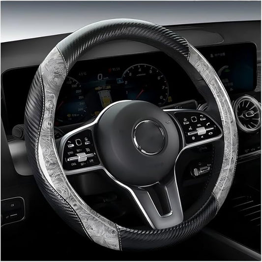 Wood Grain Steering Wheel Cover with Coasters Universal 14.5-15 inch | Black Gray Carbon Car Steering Wheel Covers Leather Microfiber Breathable Anti-Slip Durable Steering Wheel Accessories