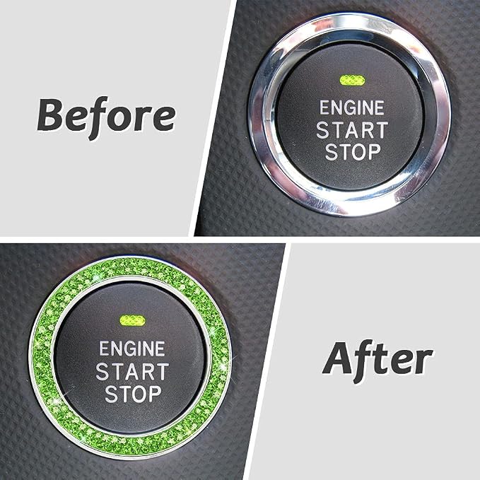 ToBeQueen Bling Car Crystal Rhinestone Ring Emblem Sticker, Car Interior Decoration, Bling Car Accessories for Women, Push to Start Button, Key Ignition Starter & Knob Ring (Green)