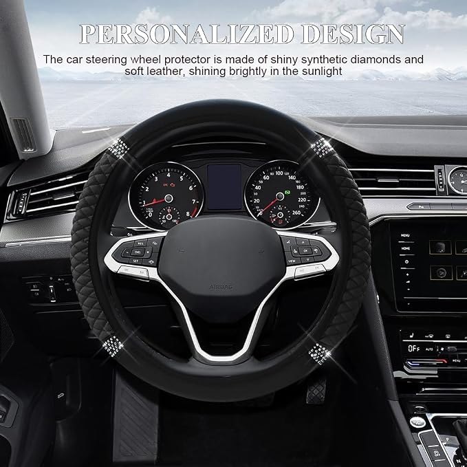Bling Soft Leather Steering Wheel Cover, 15 Inch Colorful Rhinestones Auto Elastic Steering Wheel Protector for Women Girls, Car Accessories Anti Slip Steering Wheel Cover for Cars, SUVs (Black)