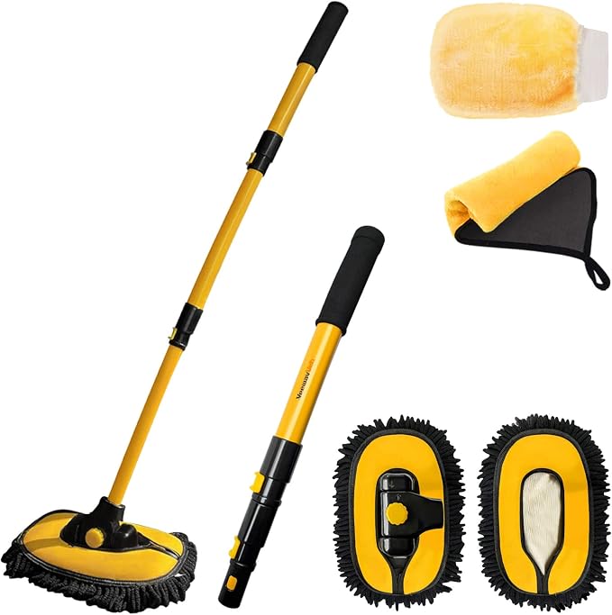 YeewayVeh 43" Car Wash Brush Mop Kit with Mitt, Yellow/Black | 15° Curved Pole, Extra Replaceable Chenille Head, Scratch-Free Microfiber Mitt & Sponge Cleaning Accessories