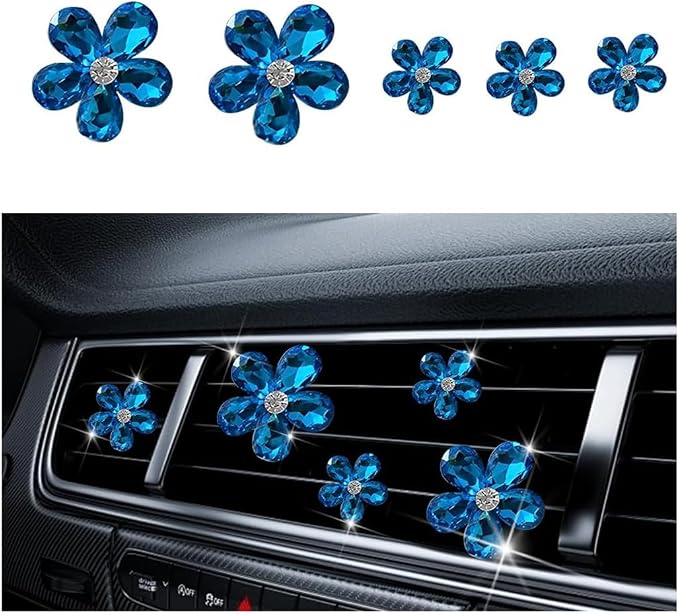 5PCS Bling Flower Car Air Vent Clips, Crystal Rhinestone Vehicle Air Conditioning Outlet Clip, Diamond Automotive Interior Decoration Charm, Universal for Automobile RV Truck (Blue)